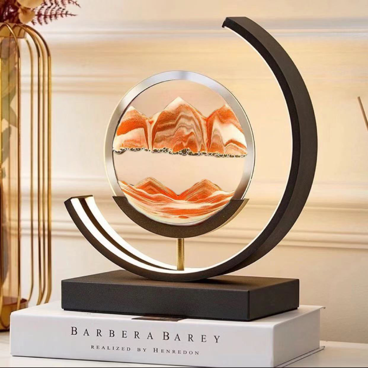Sand Art Ornament | Hourglass Landscape & Three-Color Ambient Light | Metal Base | Stress Relief