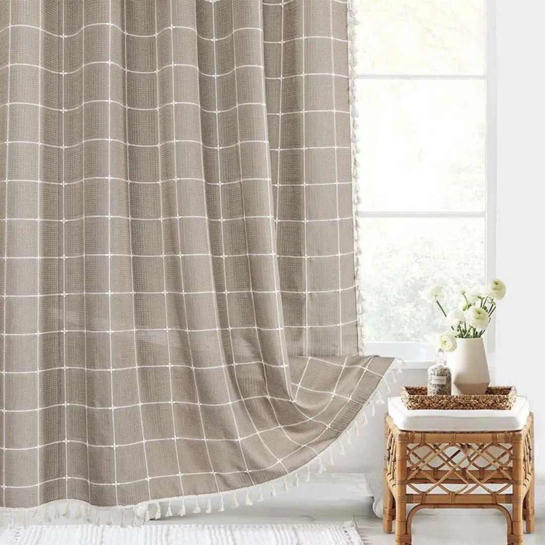 Shower Curtain | Bohemian Linen Tassel Hem | Waterproof Backing & Quick-Drying