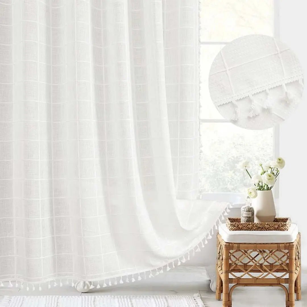 Shower Curtain | Bohemian Linen Tassel Hem | Waterproof Backing & Quick-Drying