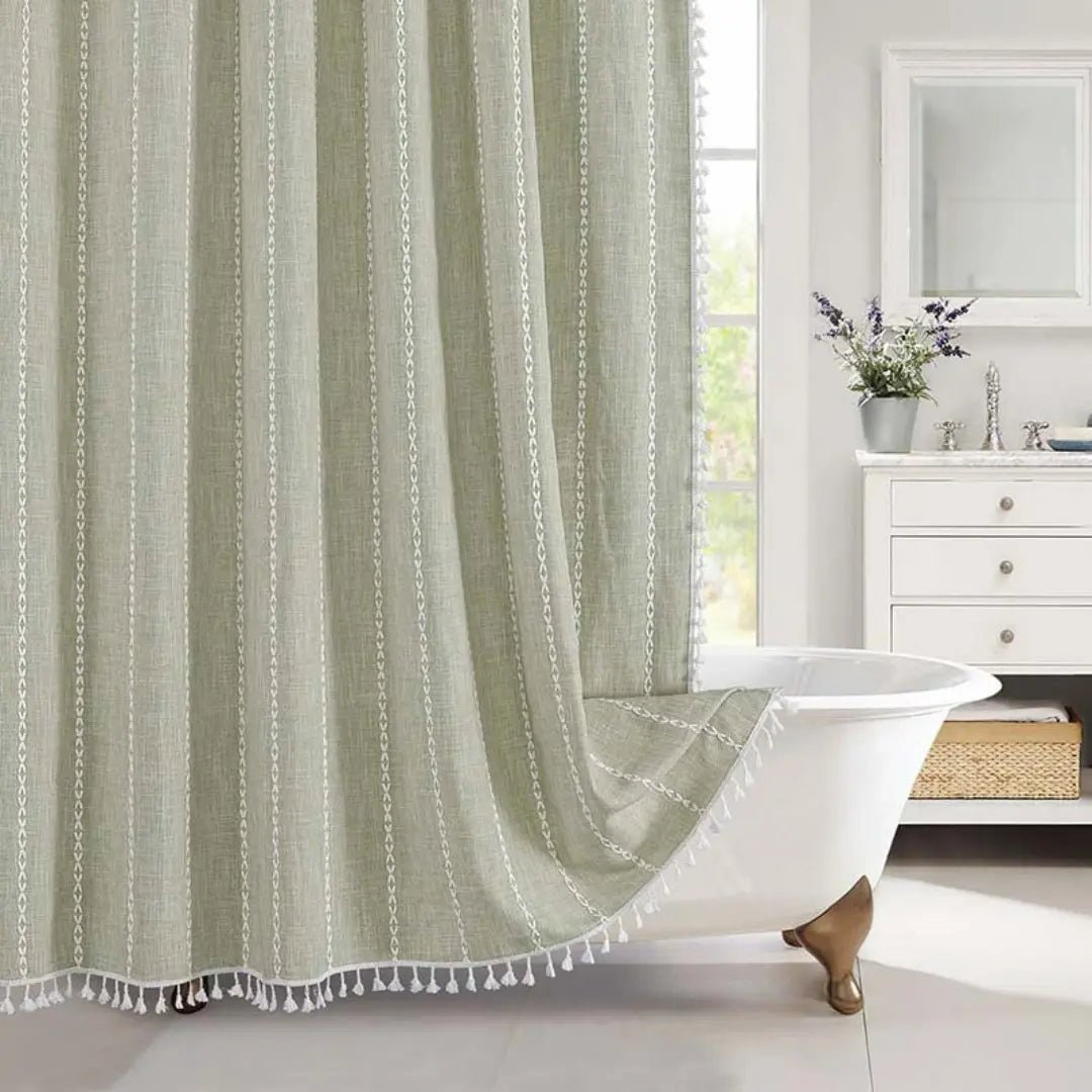 Shower Curtain | Bohemian Linen Tassel Hem | Waterproof Backing & Quick-Drying