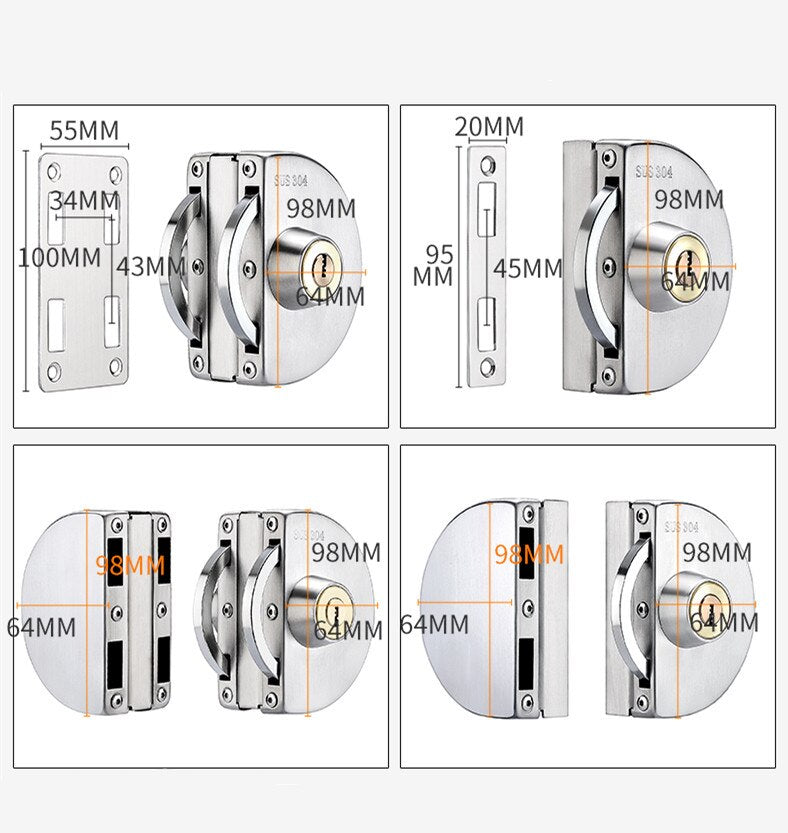 Sliding Glass Door Lock | Stainless Steel Sliding Mechanism | Fits 10-14mm Glass