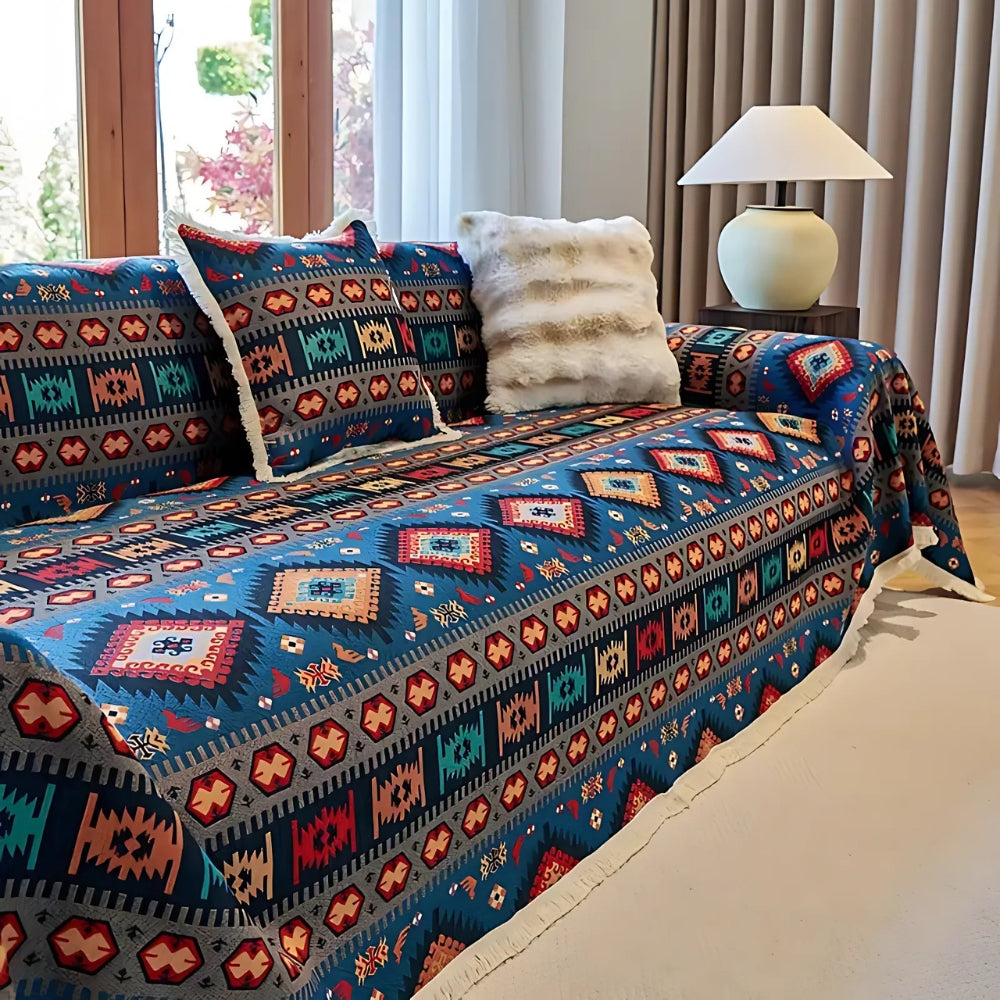 Sofa Cover | Bohemian Retro Geometric Design | Chenille Blend | Machine Washable