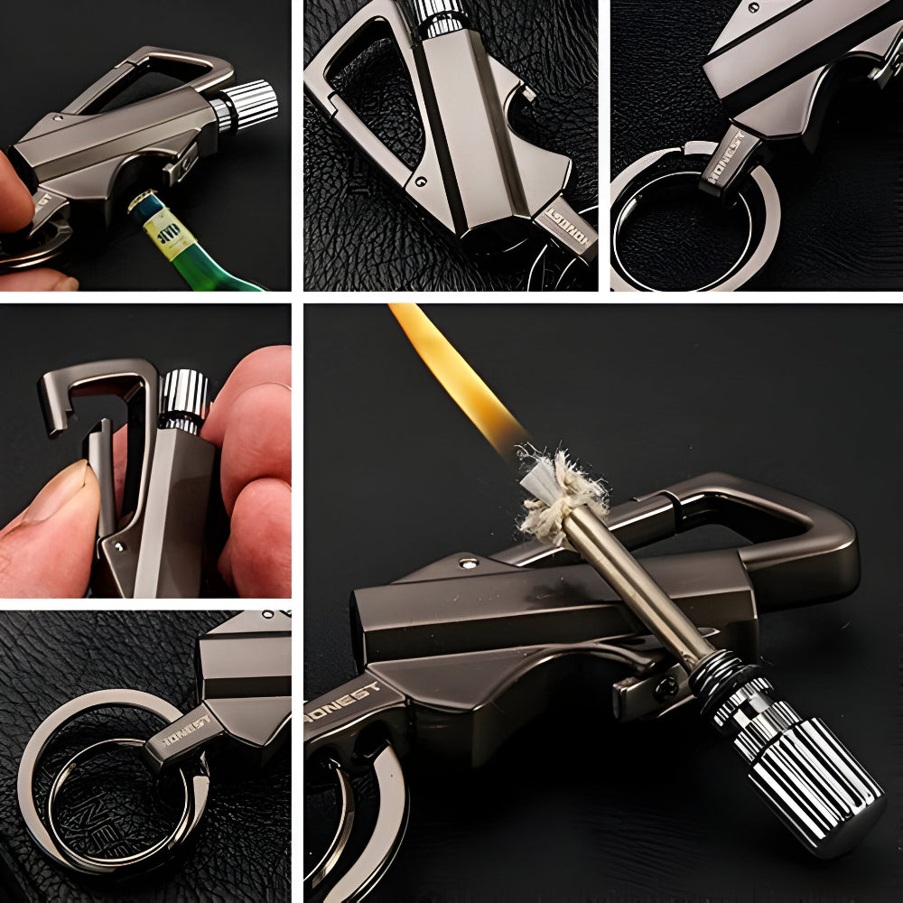 Survival Fire Starter Keychain | Waterproof Flint Igniter | All-Metal Bottle Opener