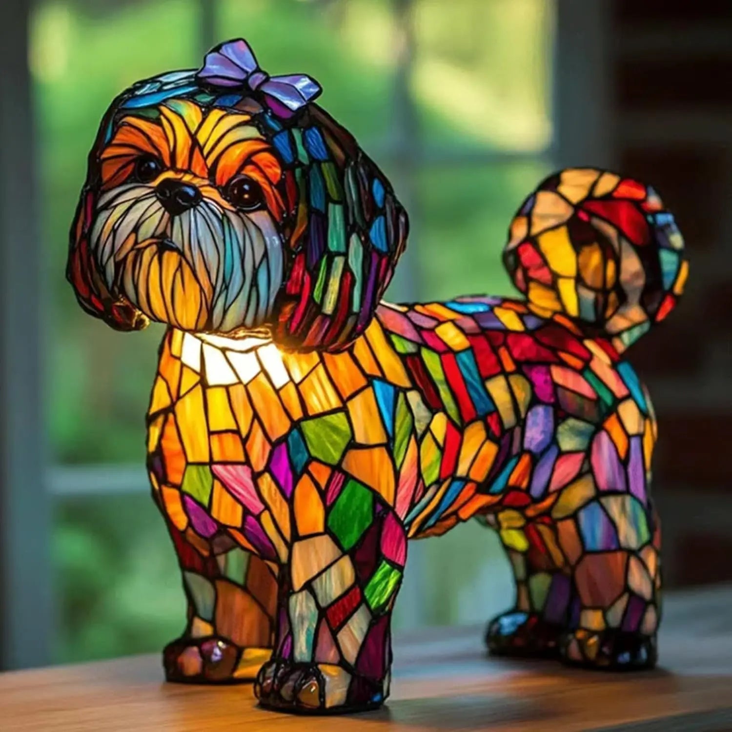 Table Lamp | Dog Figurine Design | Glass Mosaic Shade | Colorful Mood Lighting