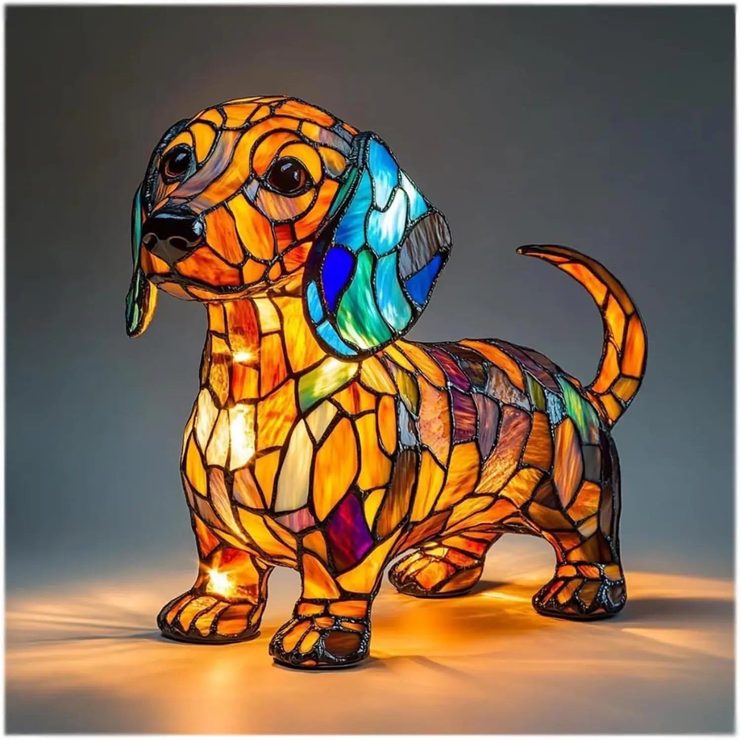 Table Lamp | Dog Figurine Design | Glass Mosaic Shade | Colorful Mood Lighting
