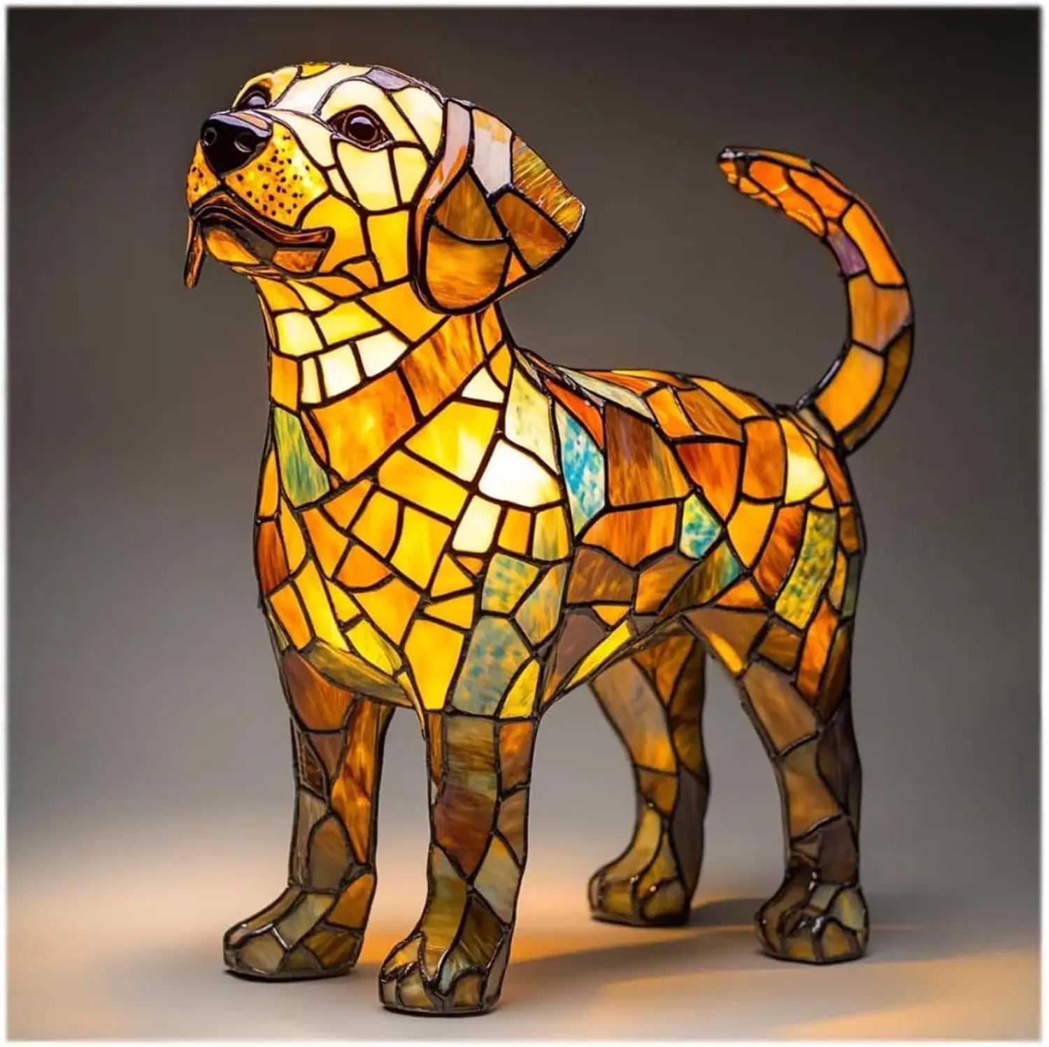 Table Lamp | Dog Figurine Design | Glass Mosaic Shade | Colorful Mood Lighting