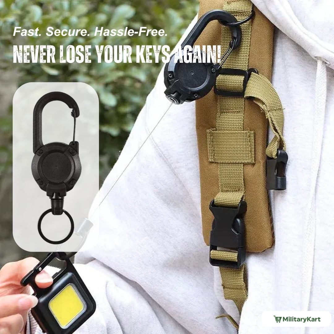 Tactical Retractable Keychain | Heavy-Duty Spring Carabiner | Metal & 65cm Cord | Outdoor Use