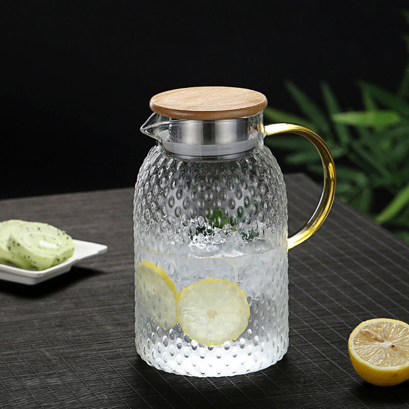 Textured Glass Pitcher | Heat-Resistant Borosilicate | Bamboo Lid & Strainer | For Hot & Cold Drinks