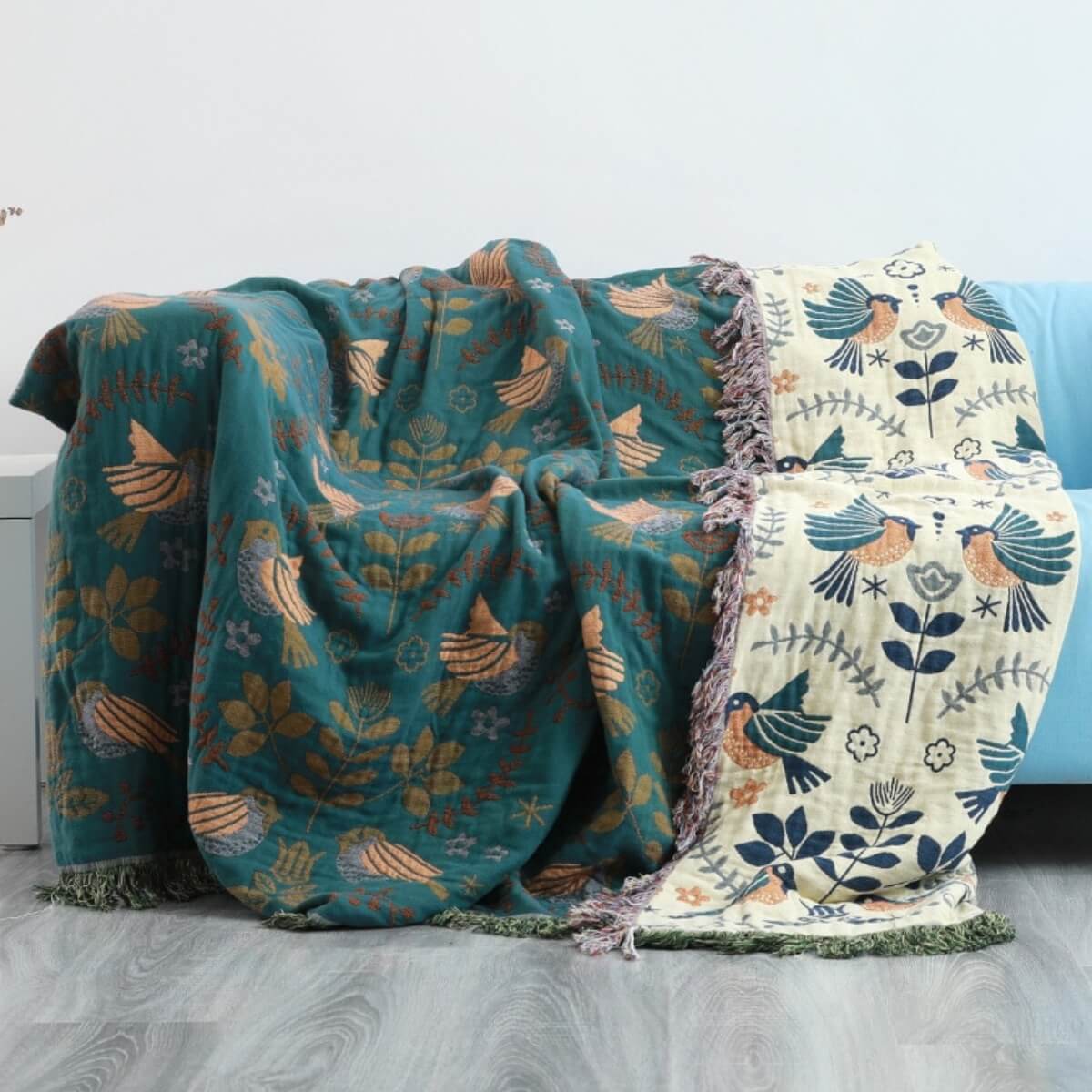 Throw Blanket | Reversible Scandinavian Bird Design | Cotton | Cozy & Versatile