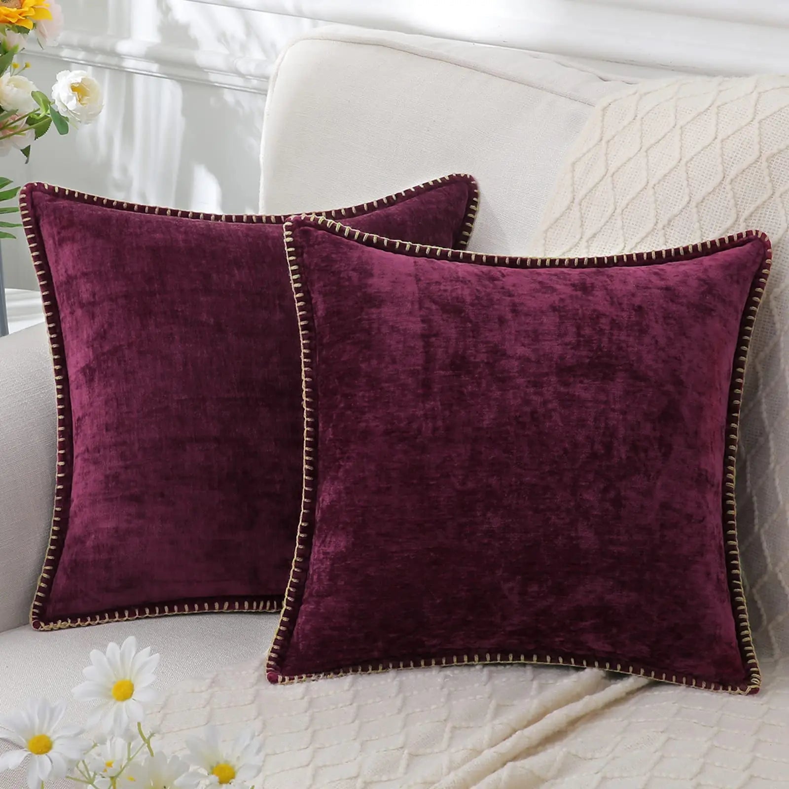 Throw Pillow Cover | Soft Chenille Velvet | Hidden Zipper & Hand Embroidery | Cozy Comfort
