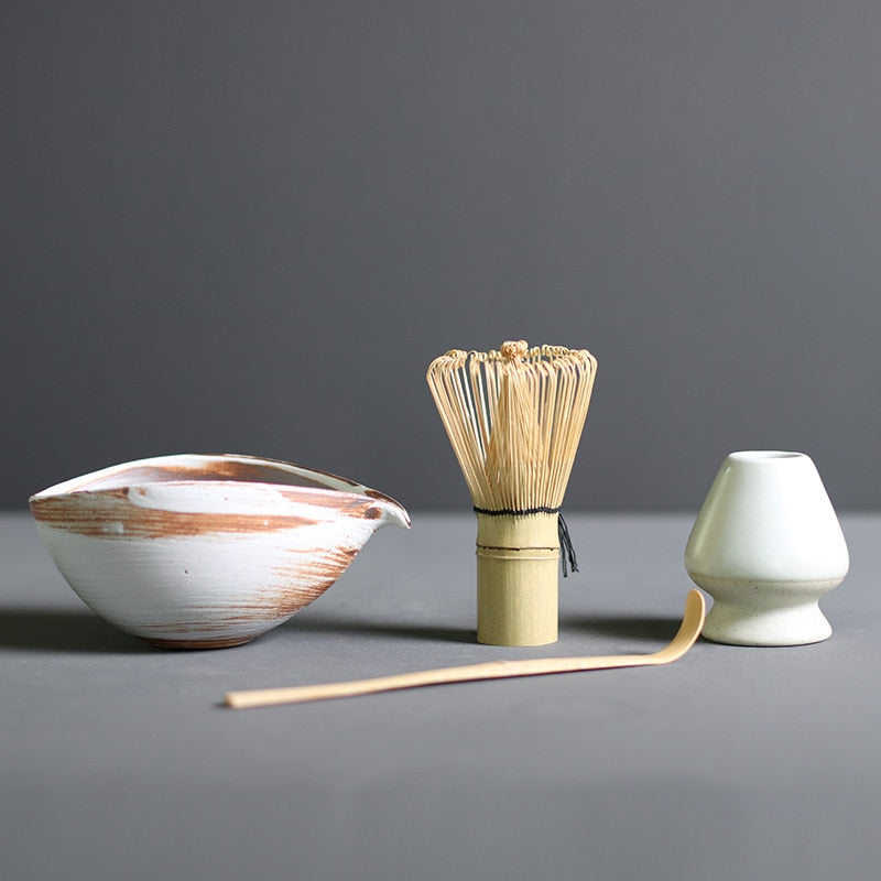Traditional Matcha Set | Handcrafted Bamboo Whisk & Ceramic Bowl | Spoon & Whisk Holder