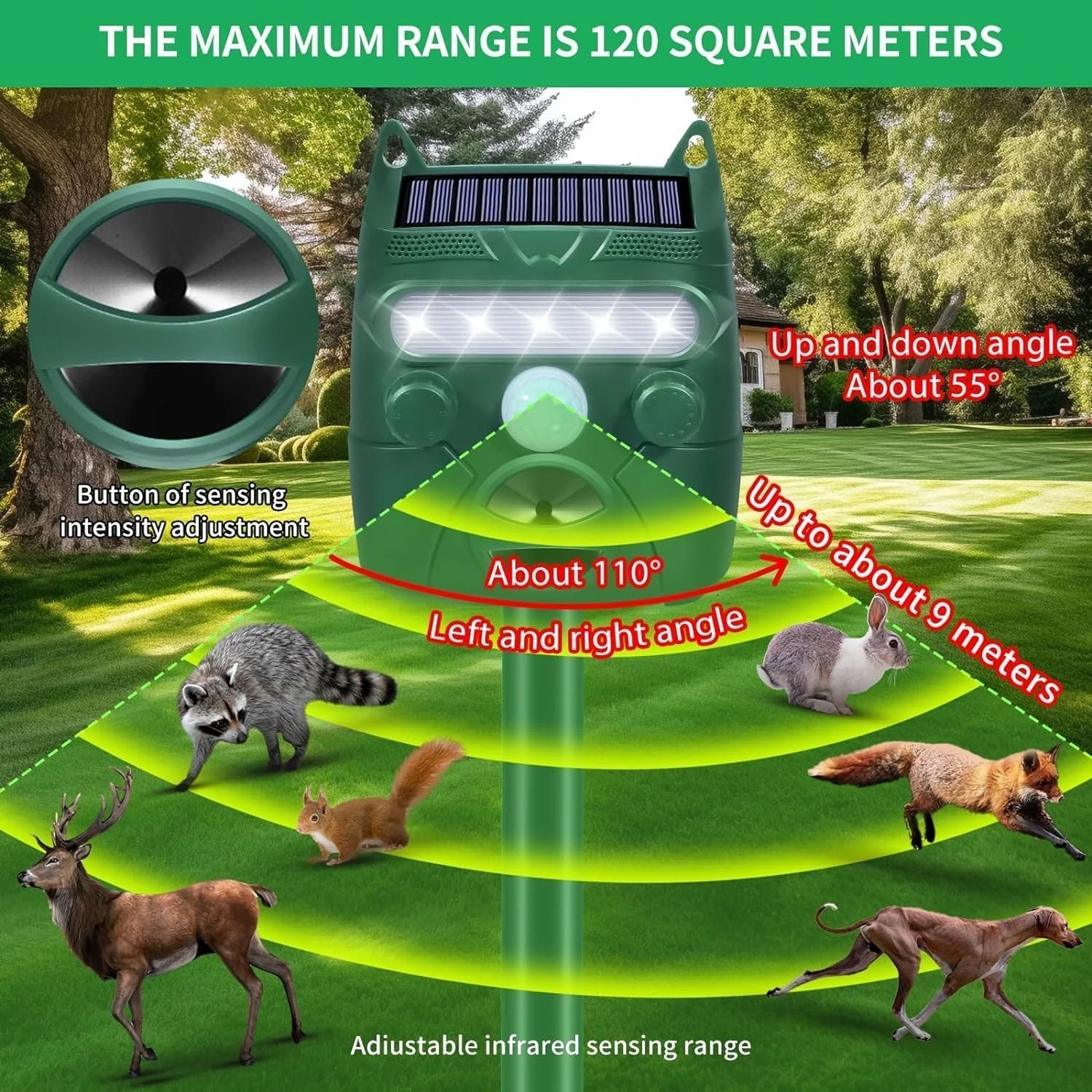 Ultrasonic Animal Repeller | Solar-Powered Motion-Activated | 1,200 sq ft Coverage