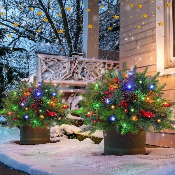 Urn Filler | Pre-Lit Flocked Arrangement with Pine Cones & Berries | 18 in Base Diameter