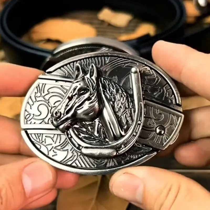 Western Belt Buckle | Hidden EDC Tool | Oval Metal Design & Fits 1.5 in Belts