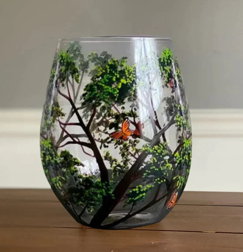 Wine Glass Set | Hand-Painted Four Seasons Tree Design | Set of 4 Glasses & Dishwasher Safe