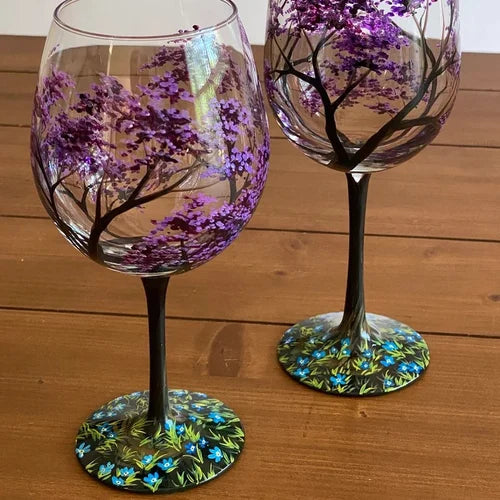 Wine Glass Set | Hand-Painted Four Seasons Tree Design | Set of 4 Glasses & Dishwasher Safe