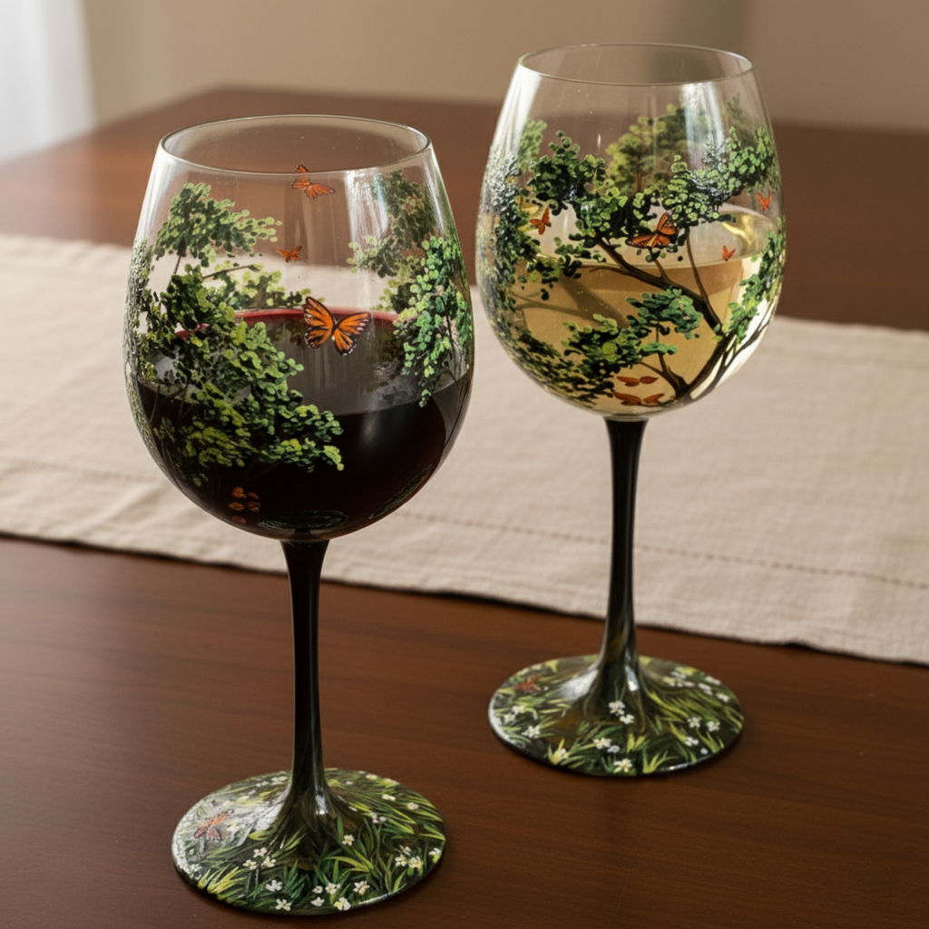 Wine Glass Set | Hand-Painted Four Seasons Tree Design | Set of 4 Glasses & Dishwasher Safe