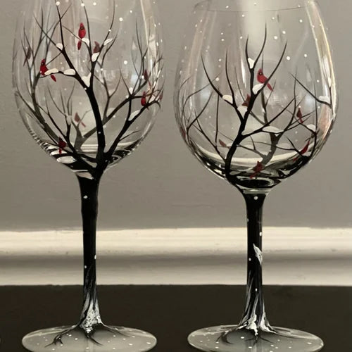 Wine Glass Set | Hand-Painted Four Seasons Tree Design | Set of 4 Glasses & Dishwasher Safe