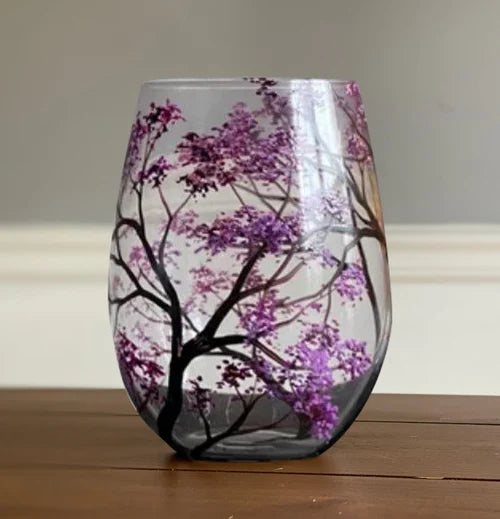 Wine Glass Set | Hand-Painted Four Seasons Tree Design | Set of 4 Glasses & Dishwasher Safe