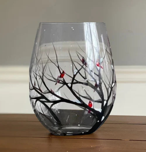 Wine Glass Set | Hand-Painted Four Seasons Tree Design | Set of 4 Glasses & Dishwasher Safe