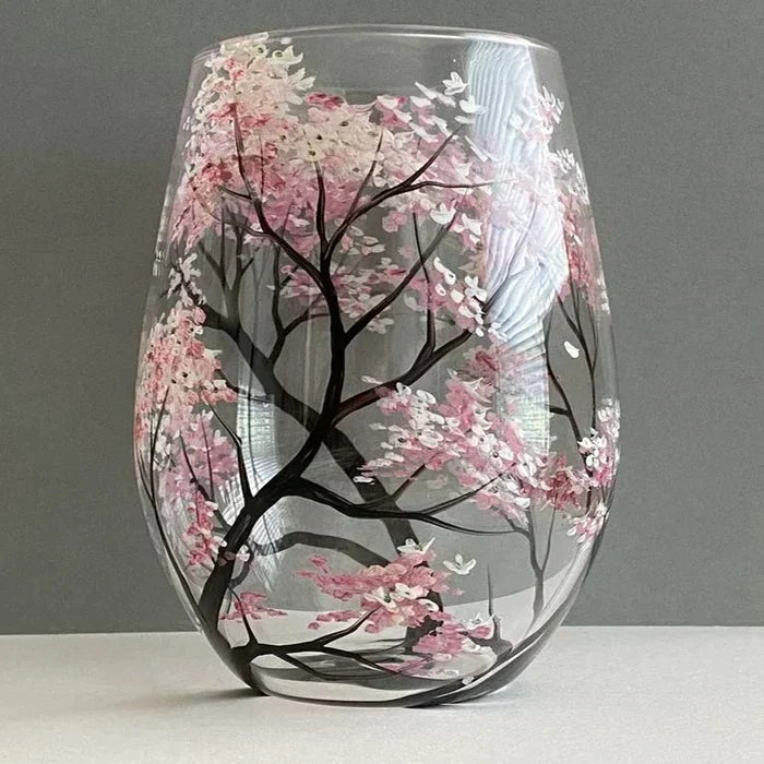 Wine Glass Set | Hand-Painted Four Seasons Tree Design | Set of 4 Glasses & Dishwasher Safe