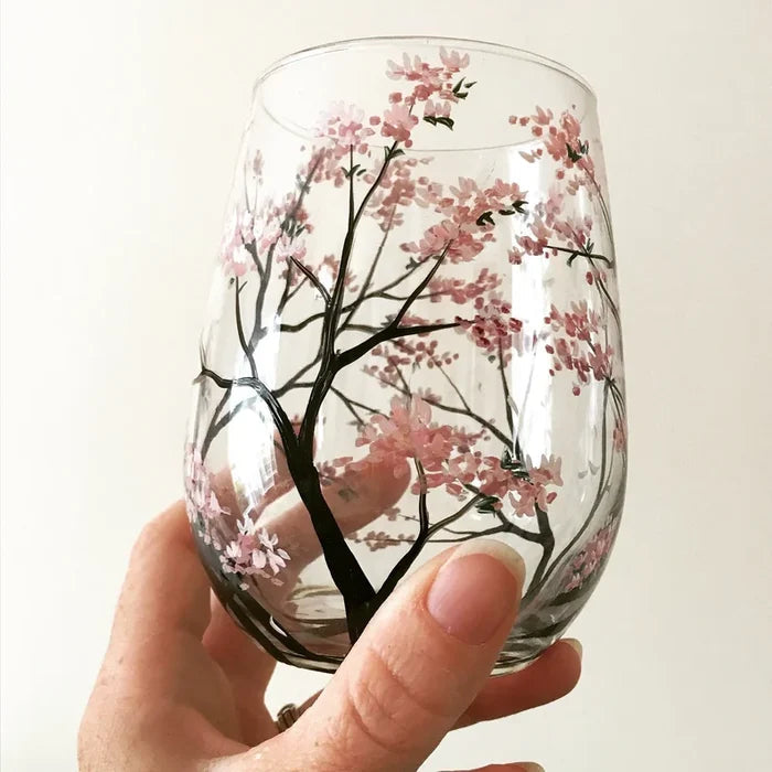 Wine Glass Set | Hand-Painted Four Seasons Tree Design | Set of 4 Glasses & Dishwasher Safe