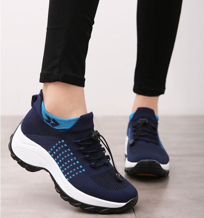 Women's Casual Slip-On Shoes | Mesh Upper & Elastic Lace | Two-Tone Thick Sole | Comfortable Fit