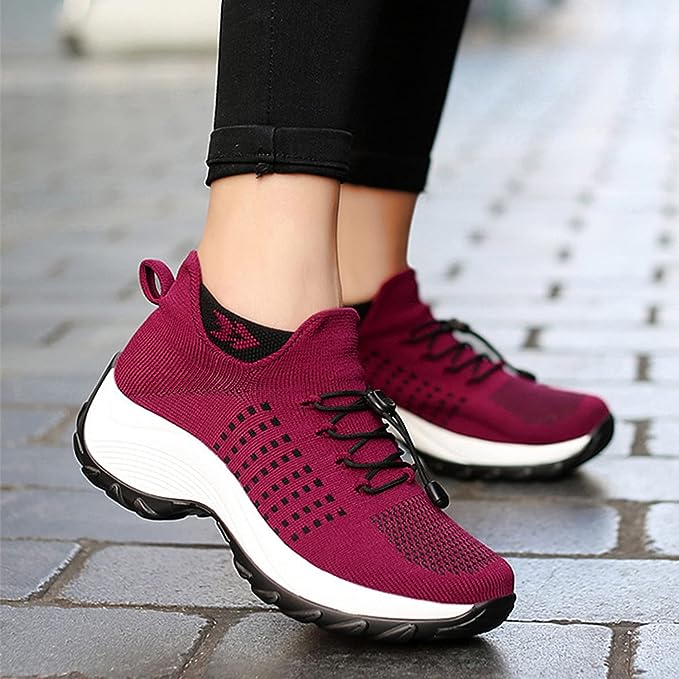 Women's Casual Slip-On Shoes | Mesh Upper & Elastic Lace | Two-Tone Thick Sole | Comfortable Fit