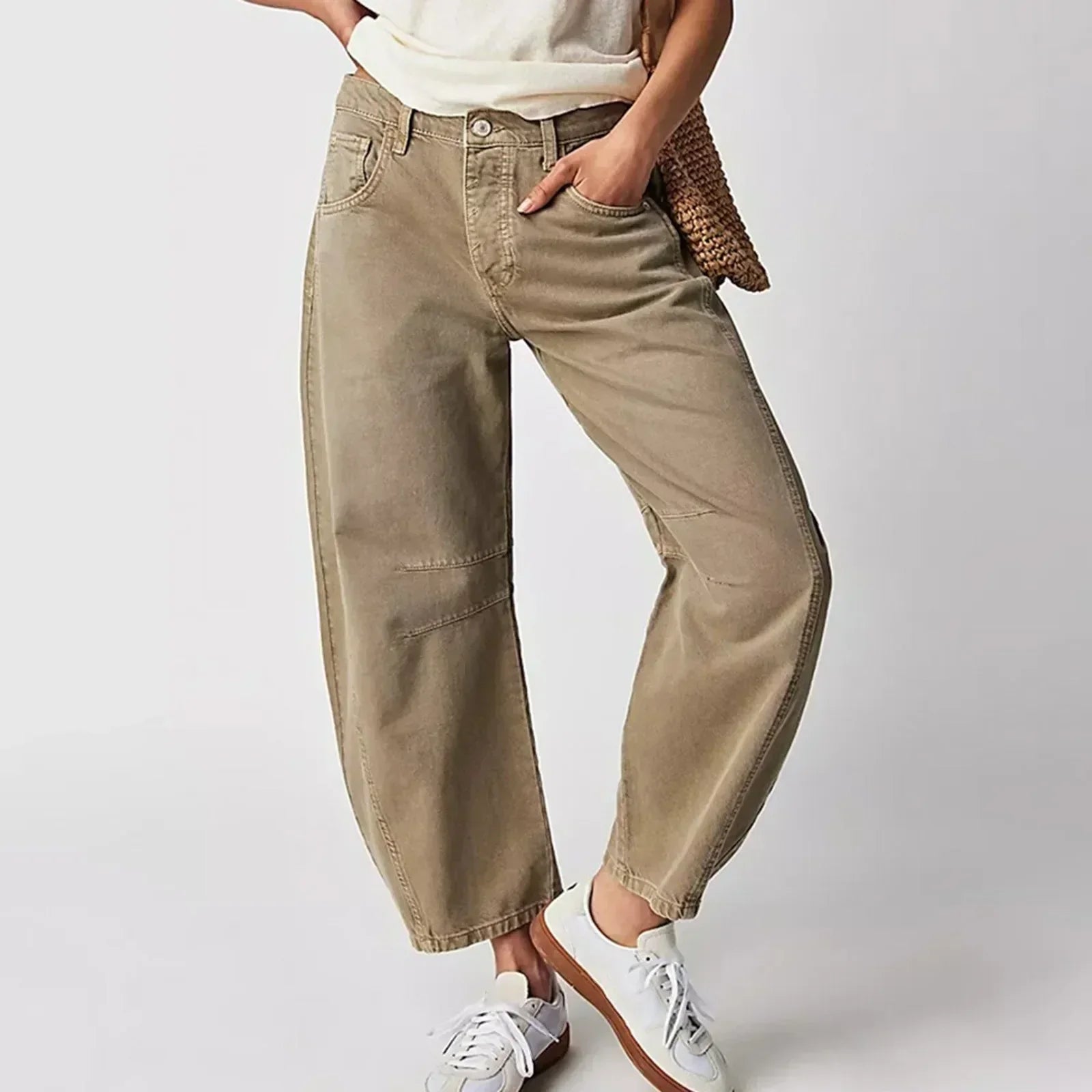 Women's High-Waisted Barrel Leg Pants | Ankle-Length with Patch Detail | Comfortable Fit
