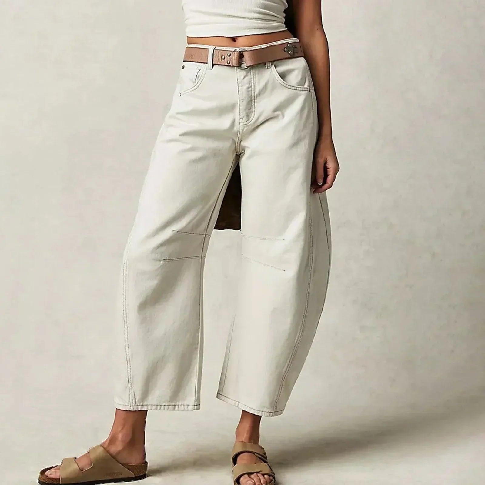 Women's High-Waisted Barrel Leg Pants | Ankle-Length with Patch Detail | Comfortable Fit
