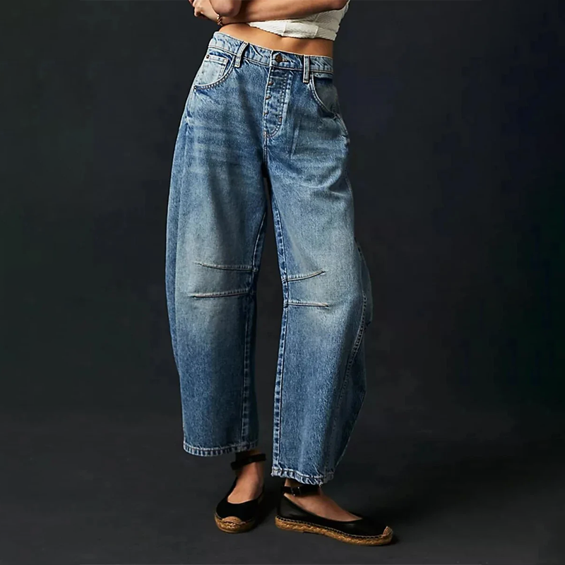 Women's High-Waisted Barrel Leg Pants | Ankle-Length with Patch Detail | Comfortable Fit