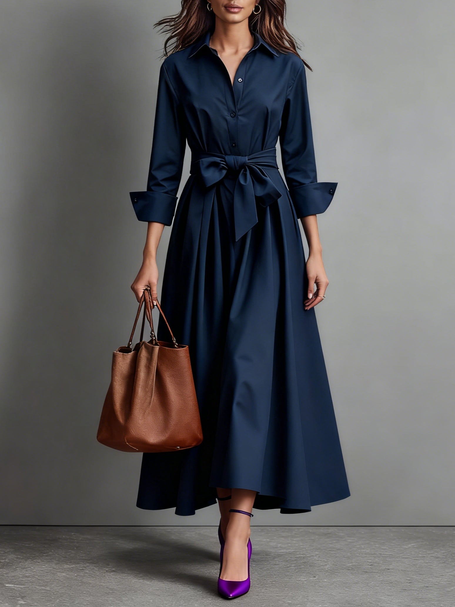 Women's Long Sleeve A-Line Midi Dress | Button-Down Tie Waist | Work & Casual