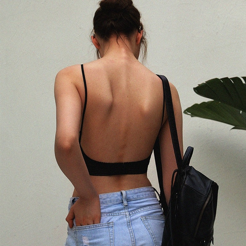 Women's Low-Back Lace Bra | Wireless Lifting V-Neck | Soft Breathable Lace & Wide Band
