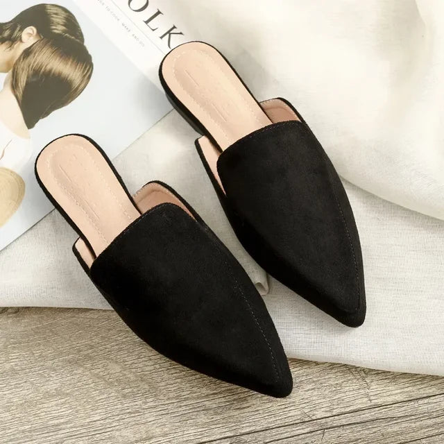 Women’s Mules | Pointed Toe Slip-On | Suede Upper & Flat Sole | Comfortable Fit