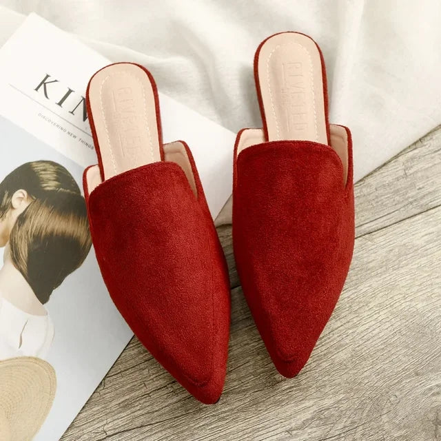 Women’s Mules | Pointed Toe Slip-On | Suede Upper & Flat Sole | Comfortable Fit