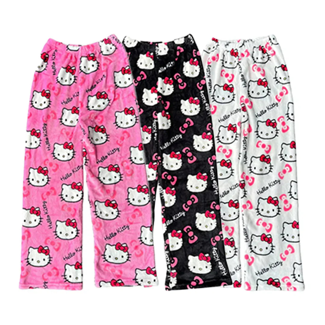 Women's Pajama Pants | Plush Fleece & Cartoon Cat Print | Elastic Waistband & Comfortable Fit