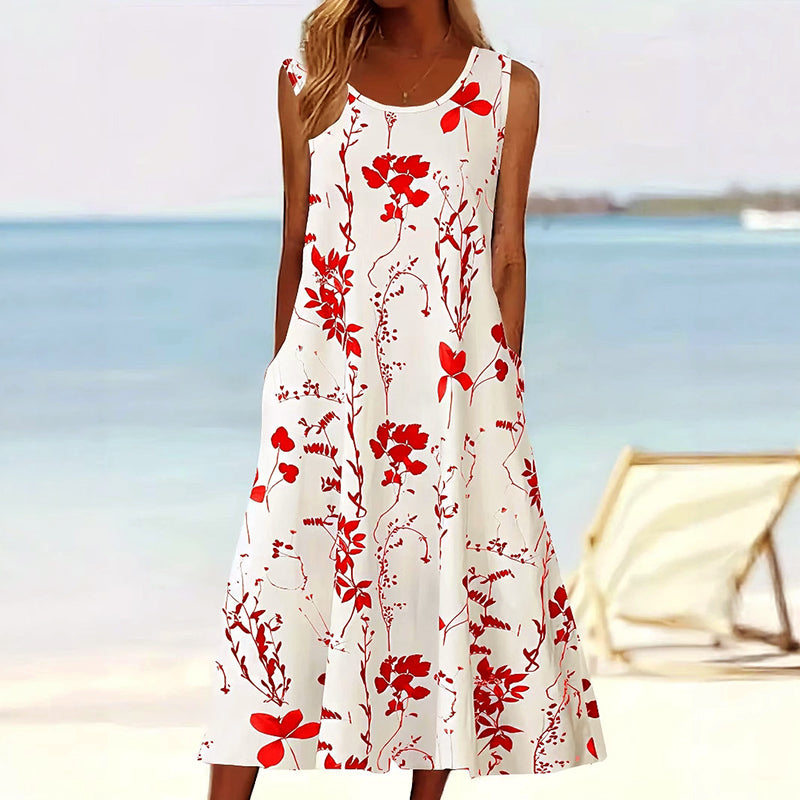 Women's Sleeveless A-Line Midi Dress | Floral Print | Practical Pockets | Comfortable Fit