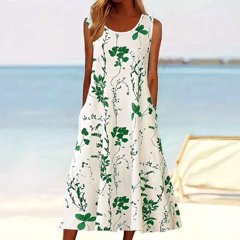 Women's Sleeveless A-Line Midi Dress | Floral Print | Practical Pockets | Comfortable Fit