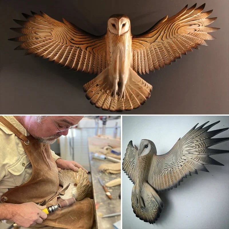 Wooden Owl Wall Decor | Handcrafted Rustic Sculpture | Pre-Installed Hanging Hooks