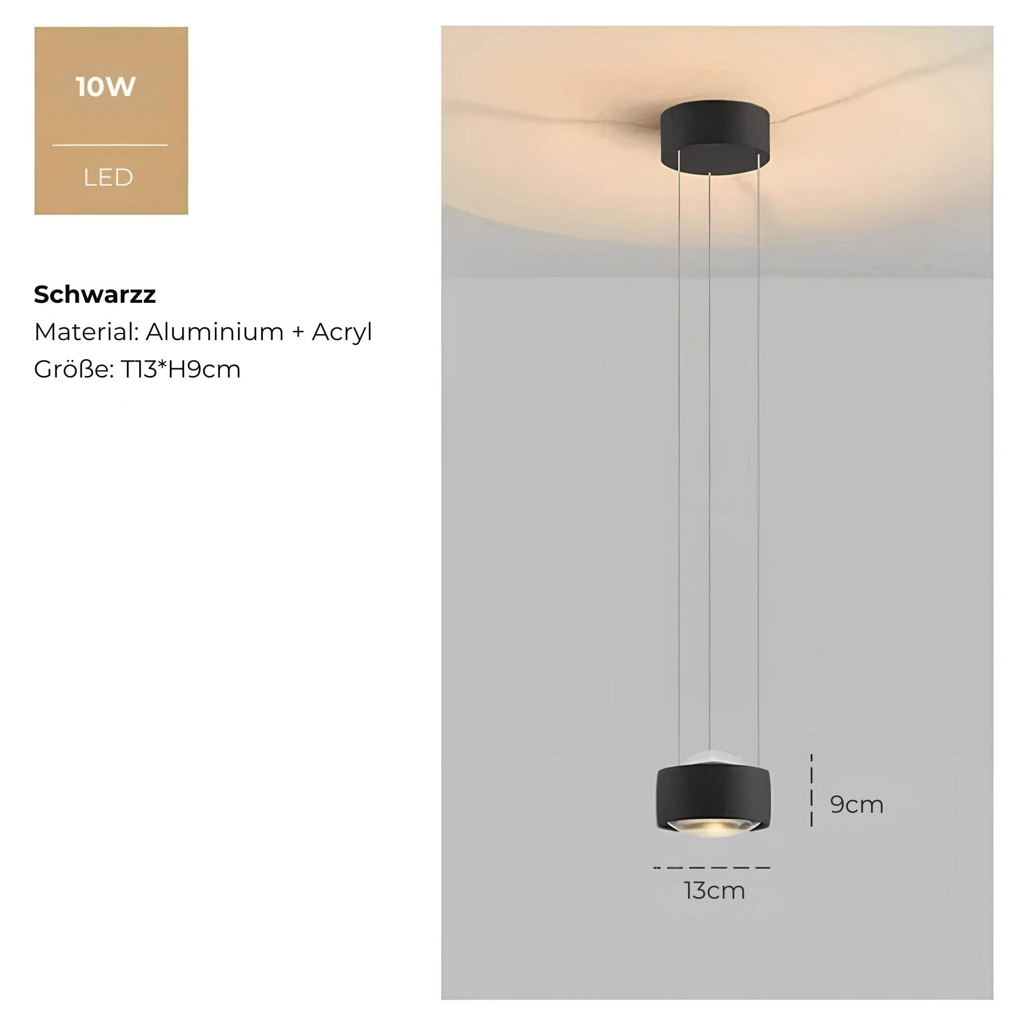 Modern 10W LED pendant light in black with an adjustable ceiling fixture, sleek rectangular design.