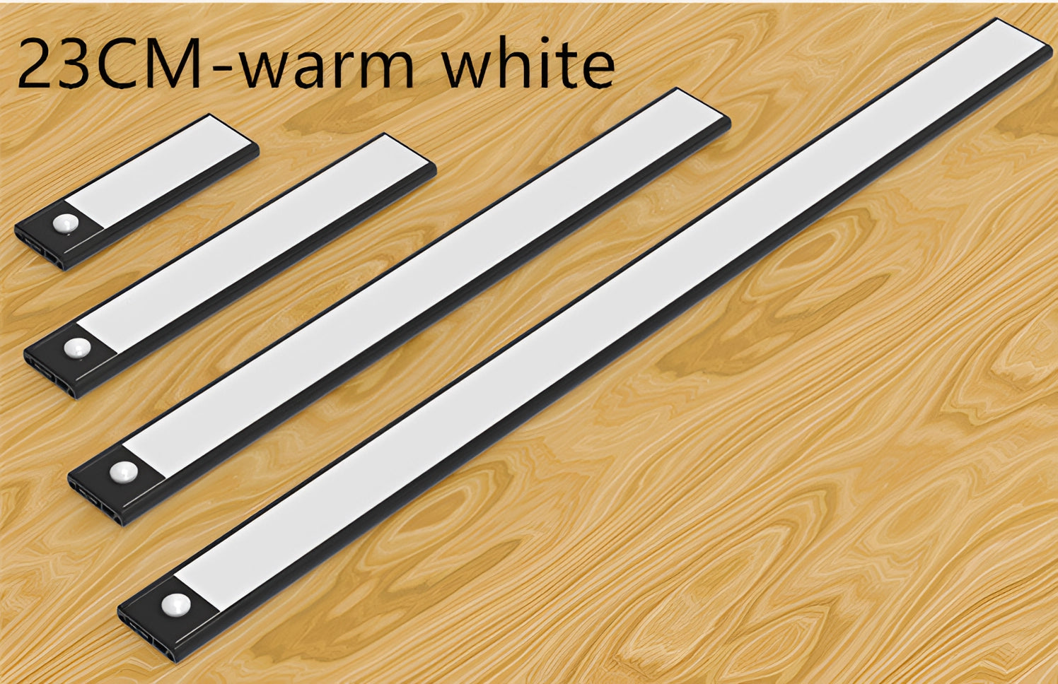 Warm white LED strip light with a sleek black backing, designed for modern kitchen lighting, showcasing a magnetic attachment feature.