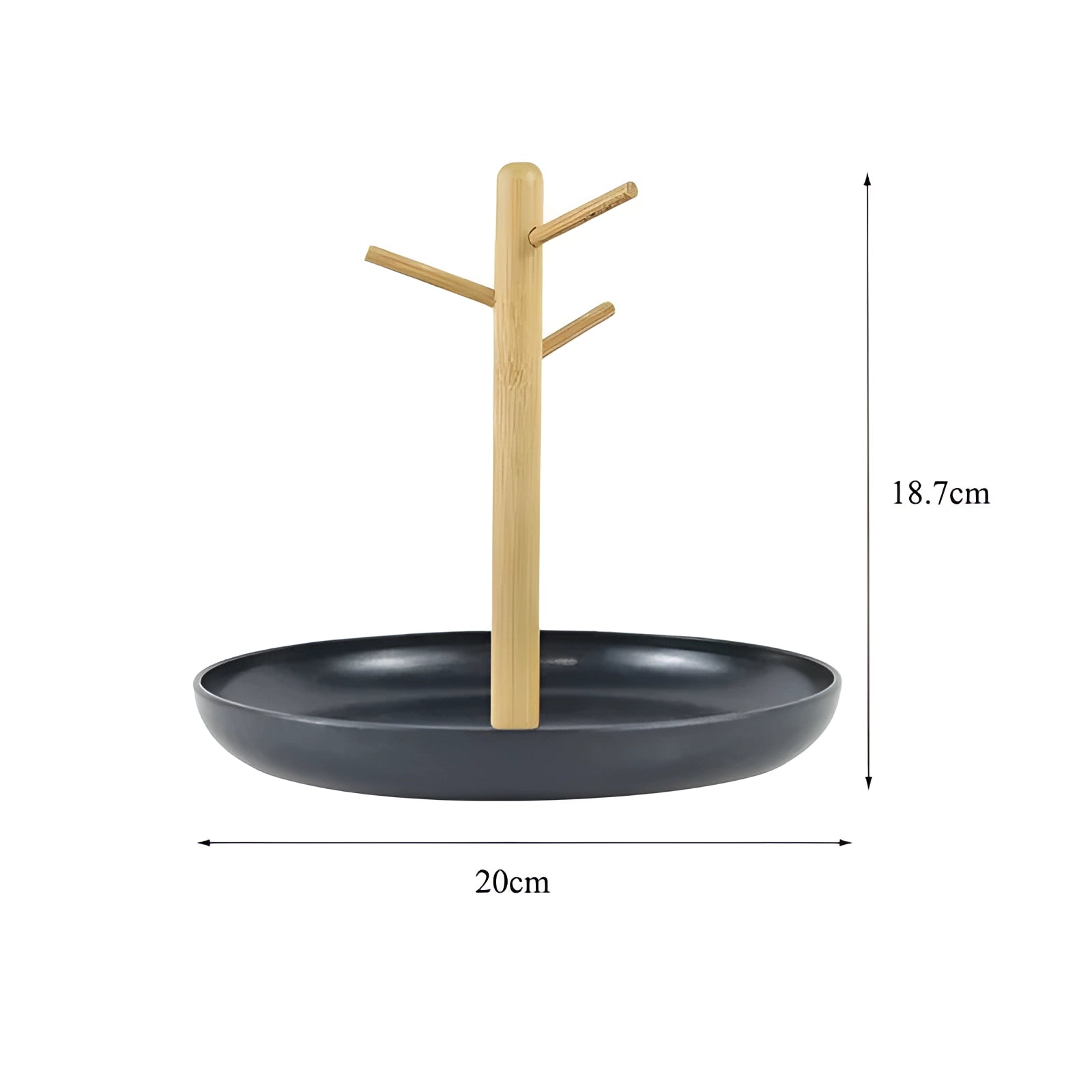 Black round non-stick frying pan with a 20cm diameter featuring a bamboo handle, designed for ergonomic use.