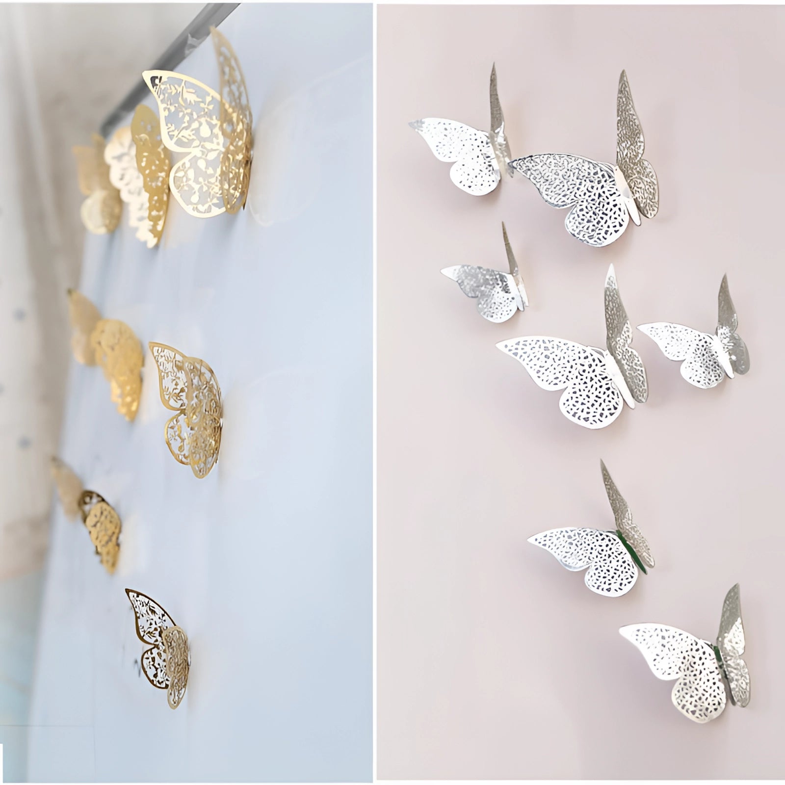Gold butterfly wall art sculpture with intricate metallic detailing, displayed against a white background.