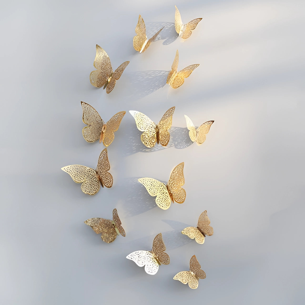 3D gold butterfly wall art featuring intricately detailed metallic butterflies with a luxurious finish, designed to resemble real butterflies, ideal for elegant home decor and artistic sculptures.