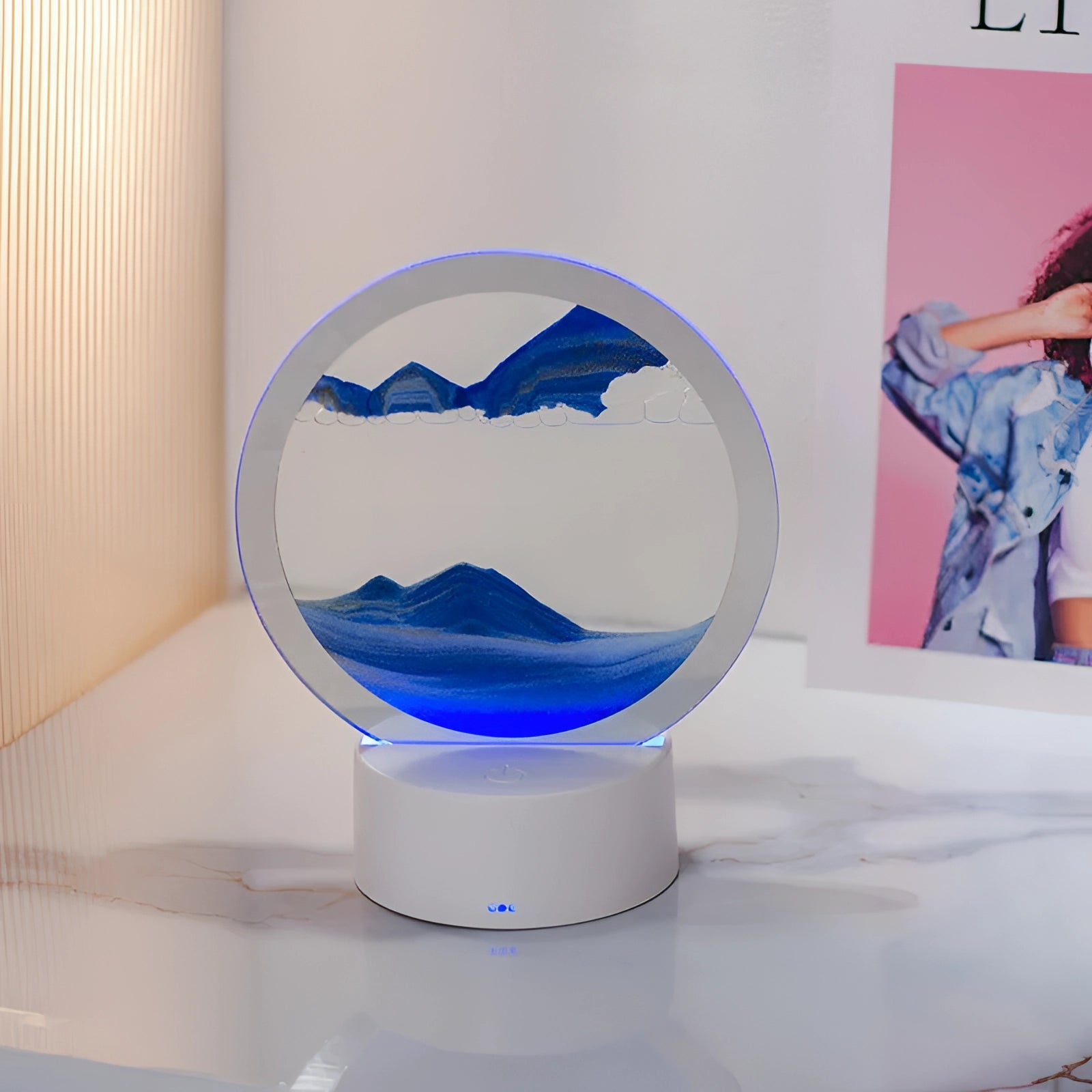 3D LED Sand Art Night Light Lamp featuring a resin mountain design with a cascading sand effect and illuminating electric blue LED lights.