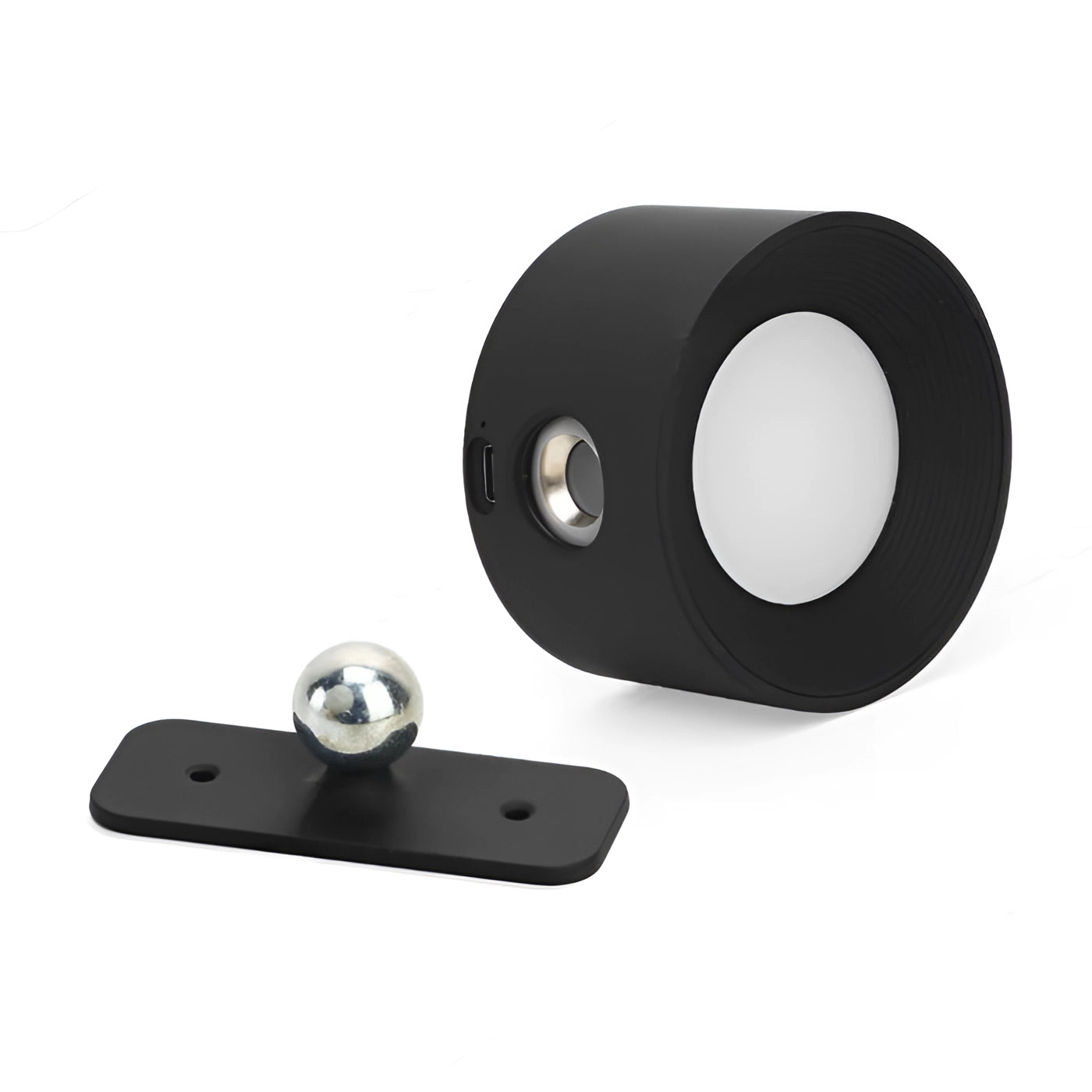 Abstract black and white geometric wall decor featuring circular and rectangular shapes, complemented by cozy wireless lighting elements in a modern design aesthetic.