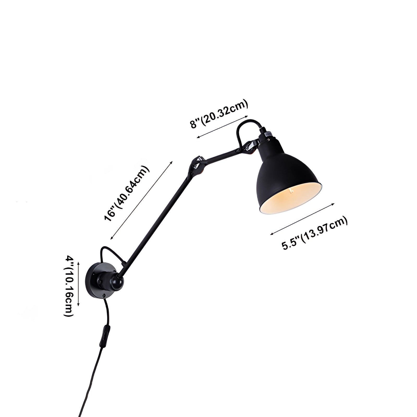 Adjustable black metal wall lamp with industrial design featuring an LED sconce, mounted on a wall.