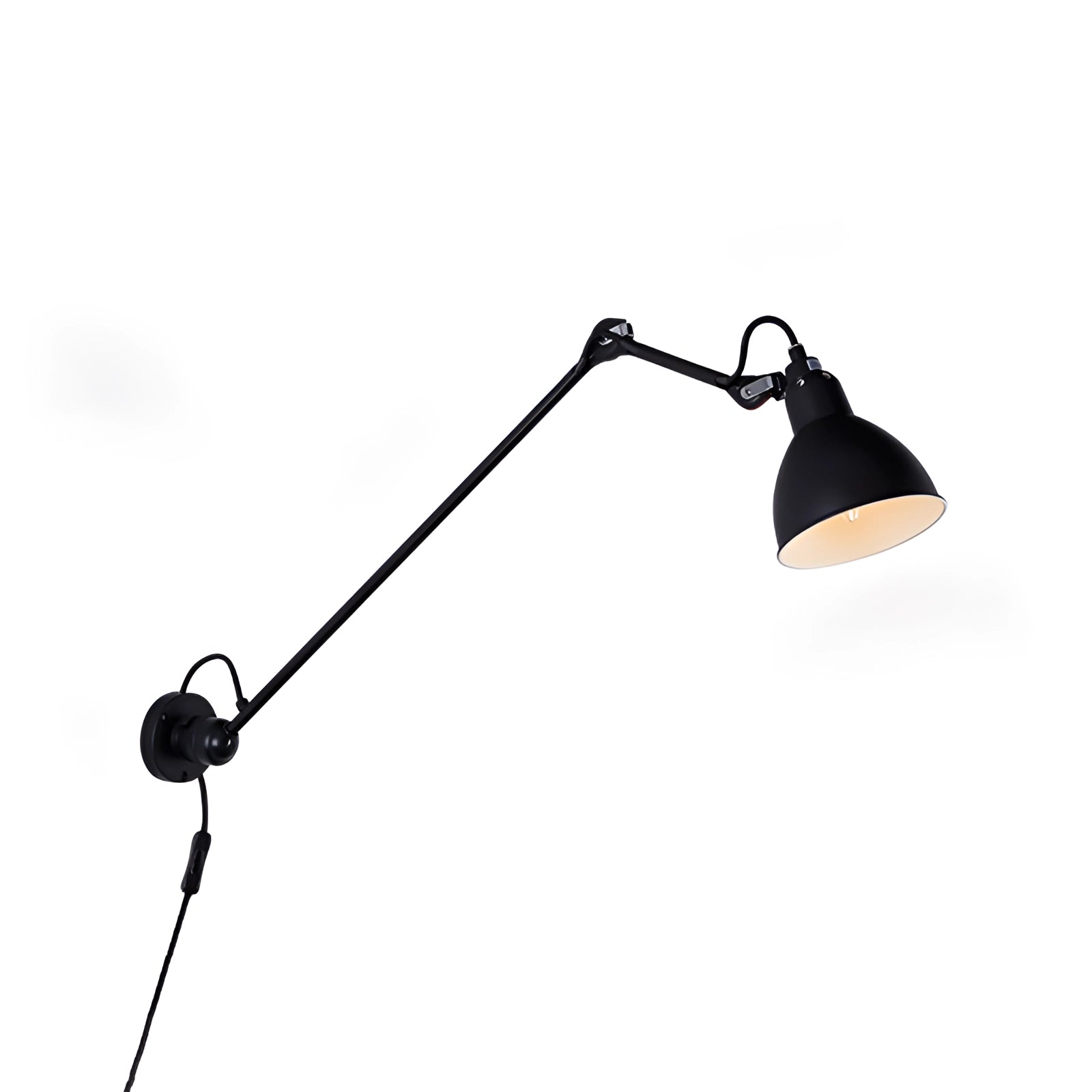 Adjustable black metal wall lamp featuring an industrial design, with an LED sconce attached, highlighting its sleek metal construction and angular shape.