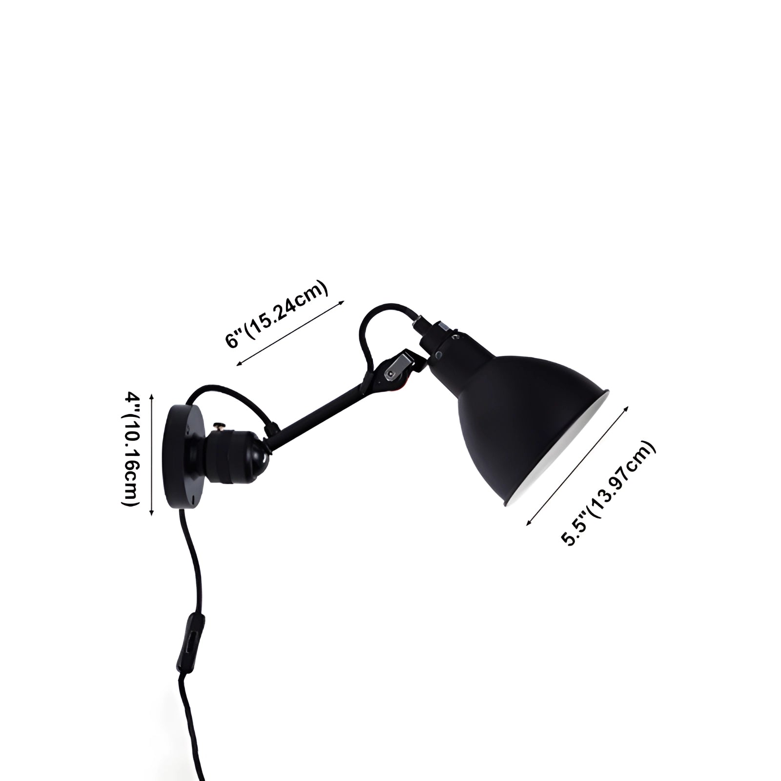 Adjustable black metal wall lamp with an industrial design, featuring an LED sconce mounted on a wall, casting a warm glow in a modern interior setting.