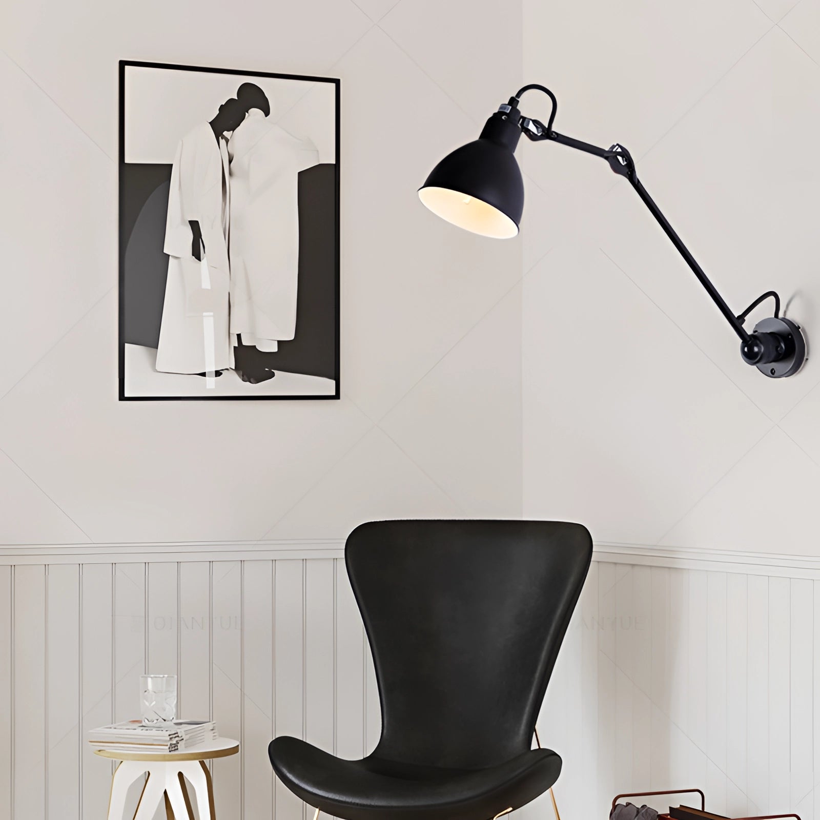 Adjustable black metal wall lamp with an industrial design, featuring a LED sconce and a built-in switch, measuring 23.5 inches, mounted on a white wall.